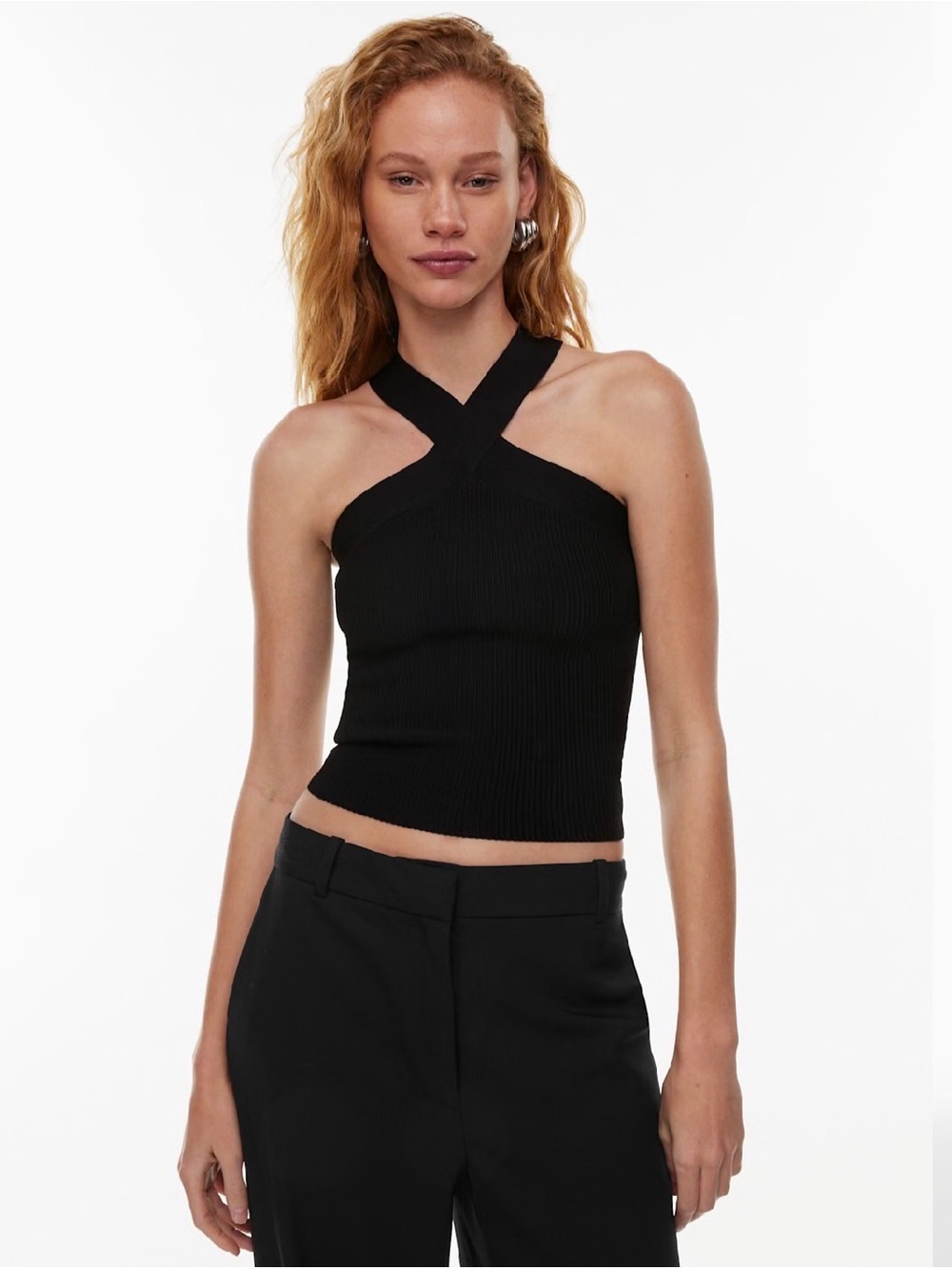 Babaton Black Ribbed Halter Cross-Strap Camisole